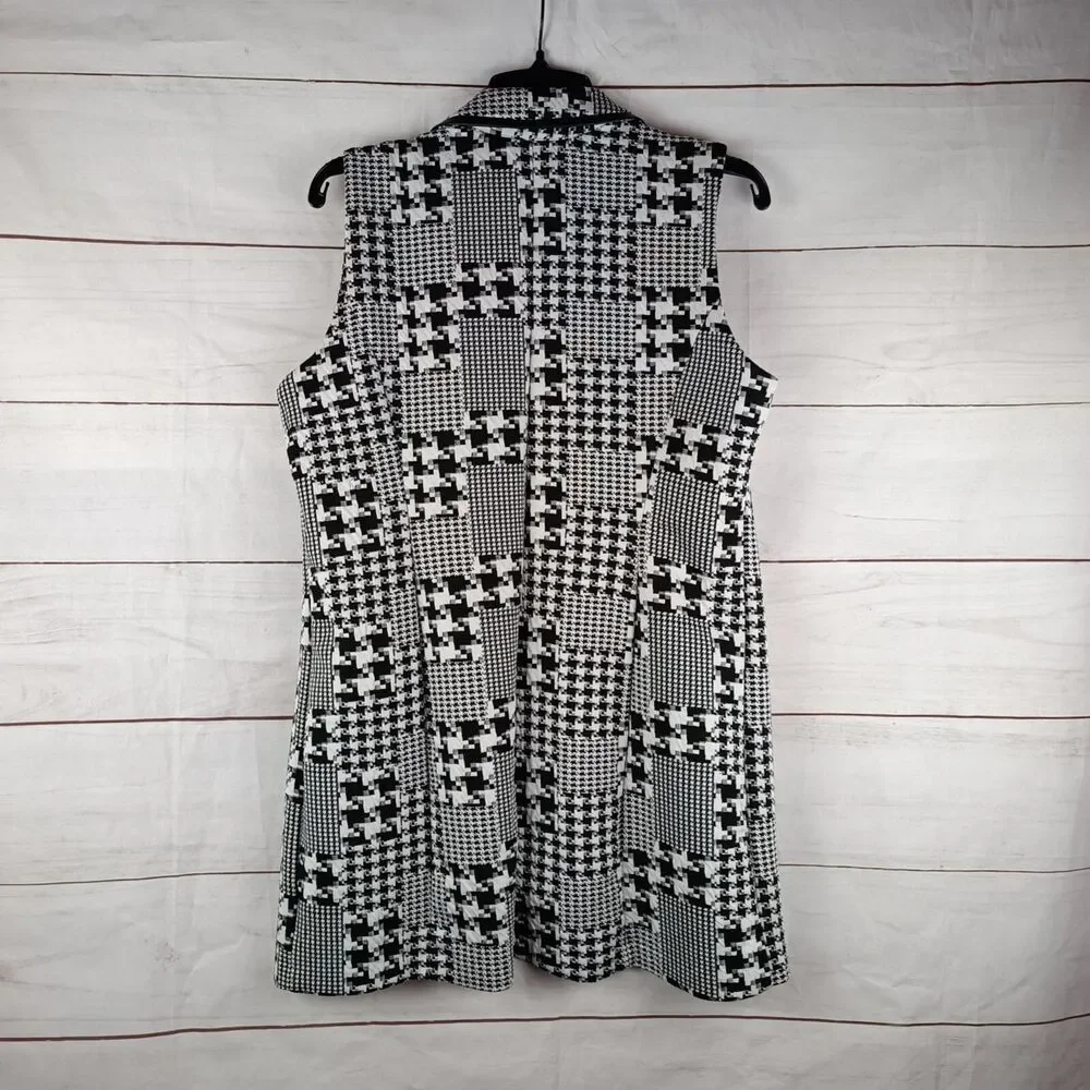 Woman's open sleeveless blazer cardigan houndstooth black white collar Large - Picture 2 of 15